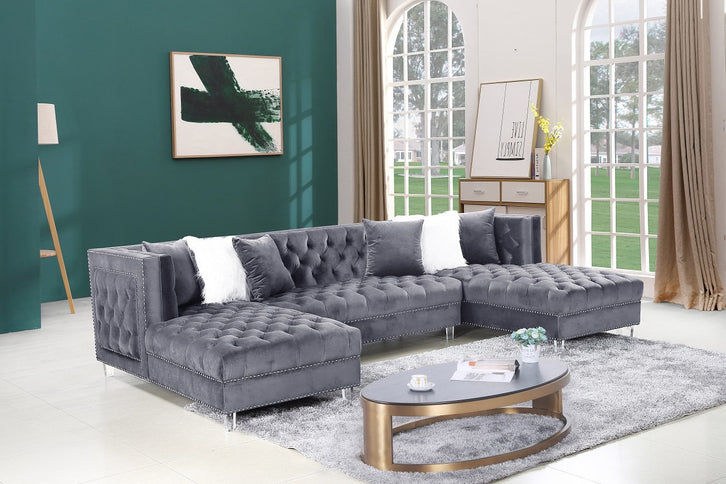 Grey Velvet Sectional Sofa with Two Chaises