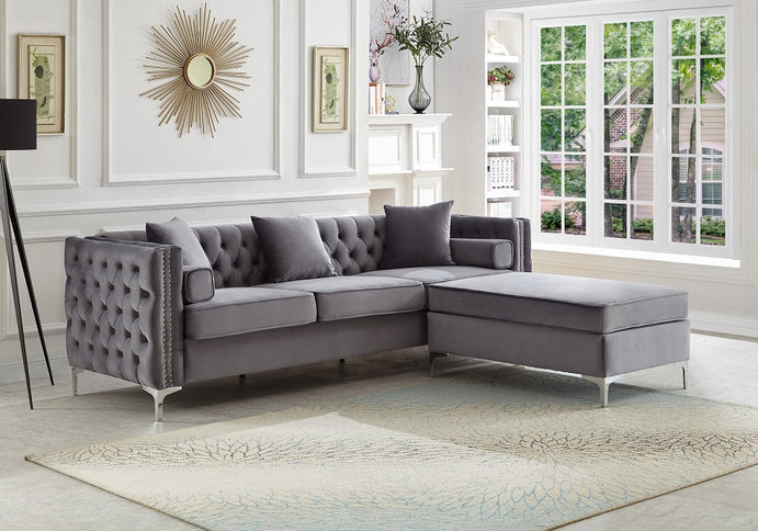 Grey Velvet Sectional Sofa with Deep Tufting