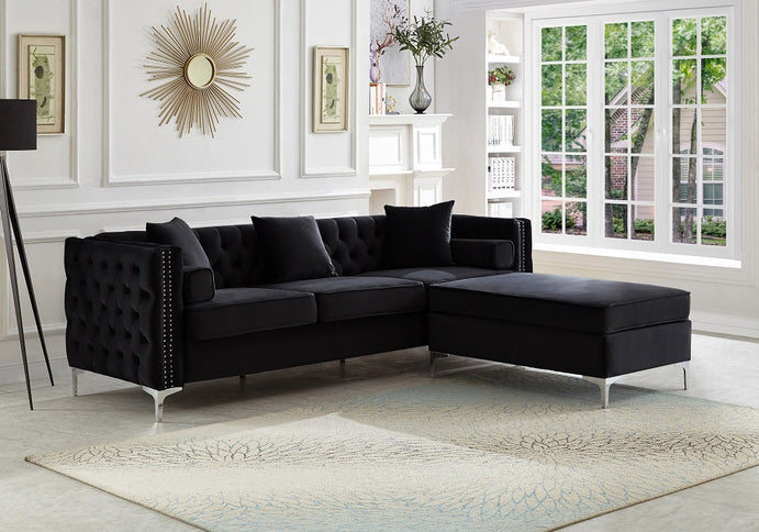 Grey Velvet Sectional Sofa with Deep Tufting