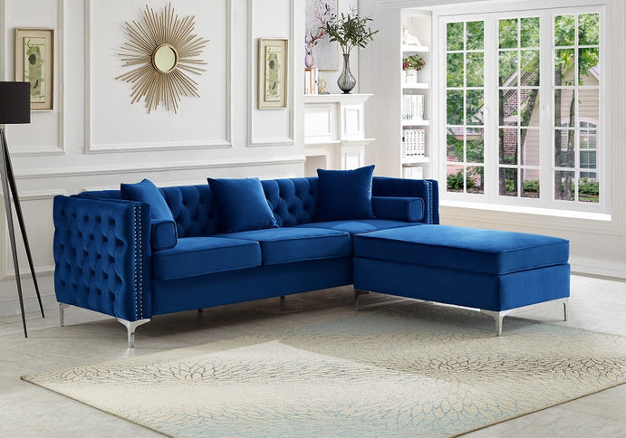 Grey Velvet Sectional Sofa with Deep Tufting