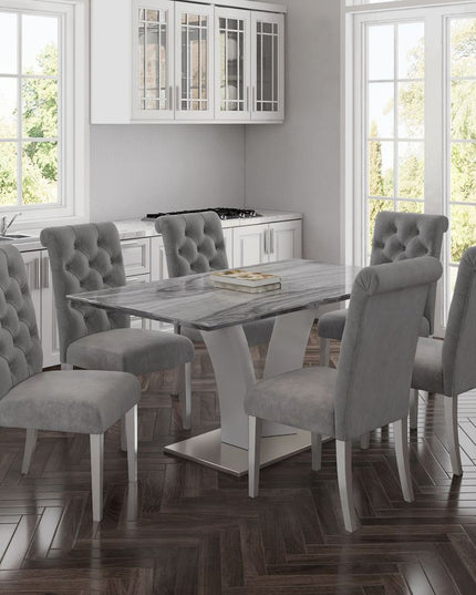 Faux Marble Dining Set with Light Grey Velvet Chairs