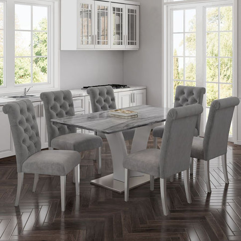 Faux Marble Dining Set with Light Grey Velvet Chairs