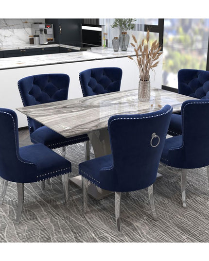Faux Marble Dining Set with Blue Velvet Chairs