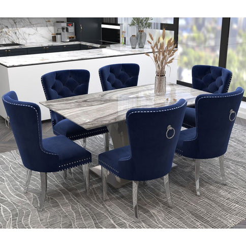 Faux Marble Dining Set with Blue Velvet Chairs