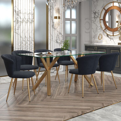 Geometric Glass Dining Table with Black Velvet Dining Chair (7 pc Dining Set)