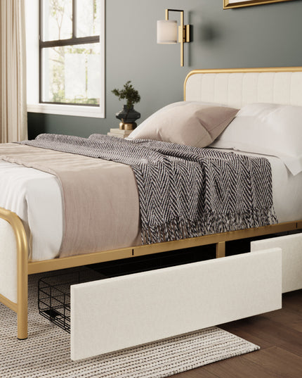 Metal Frame Storage Platform Bed with Velvet Panelled Headboard
