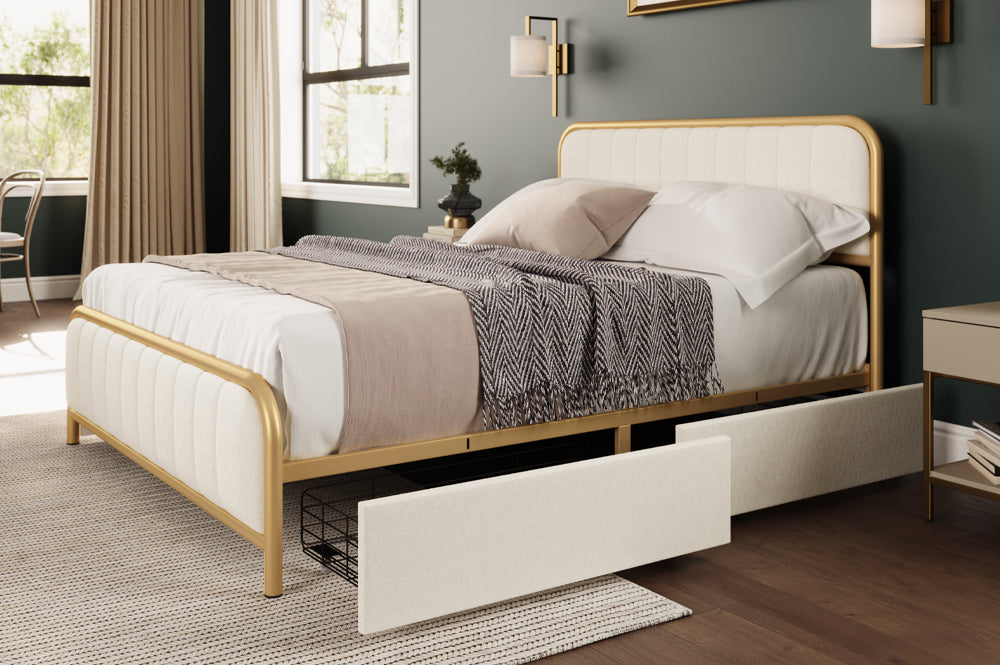 Metal Frame Storage Platform Bed with Velvet Panelled Headboard