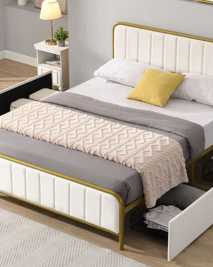 Metal Frame Storage Platform Bed with Velvet Panelled Headboard
