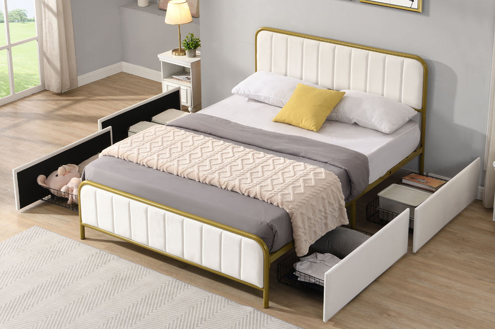 Metal Frame Storage Platform Bed with Velvet Panelled Headboard