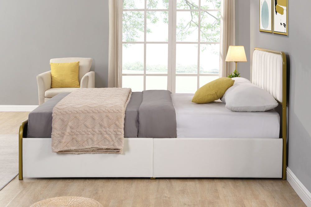 Metal Frame Storage Platform Bed with Velvet Panelled Headboard