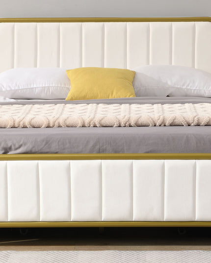 Metal Frame Storage Platform Bed with Velvet Panelled Headboard