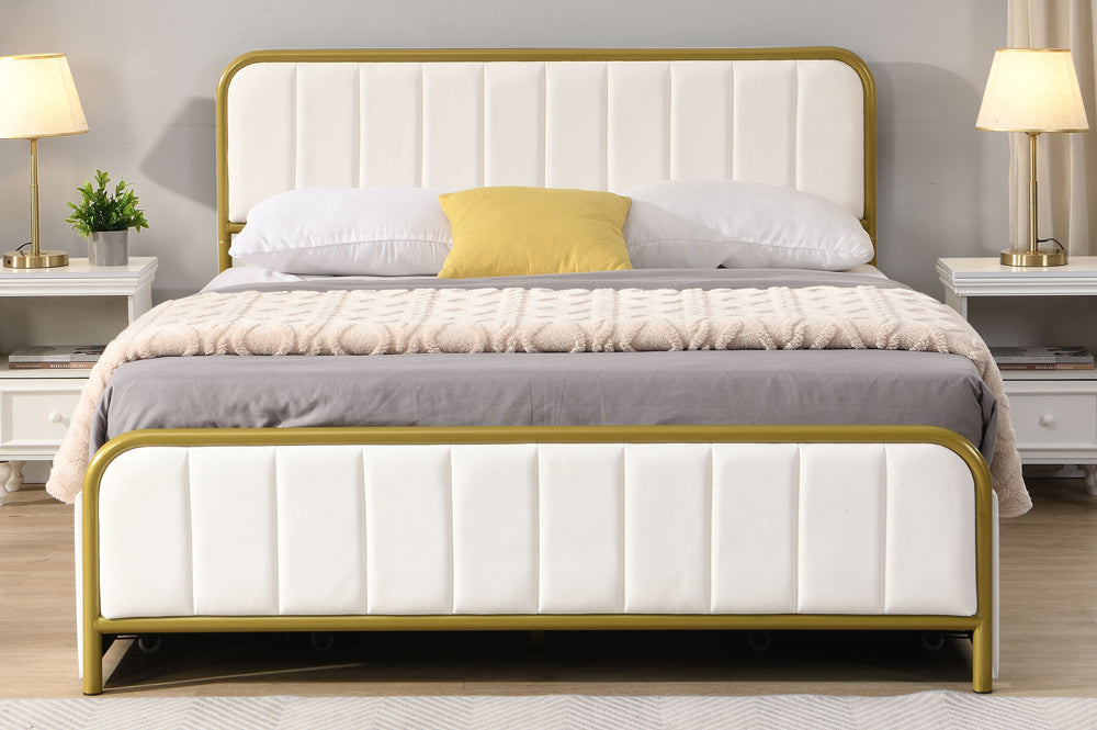 Metal Frame Storage Platform Bed with Velvet Panelled Headboard