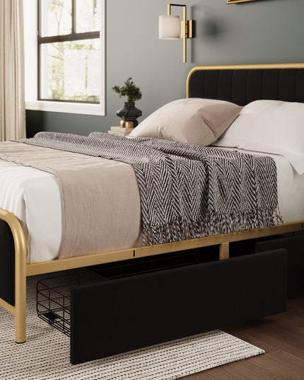 Metal Frame Storage Platform Bed with Velvet Panelled Headboard