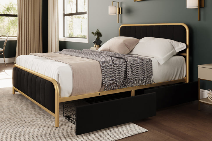 Metal Frame Storage Platform Bed with Velvet Panelled Headboard