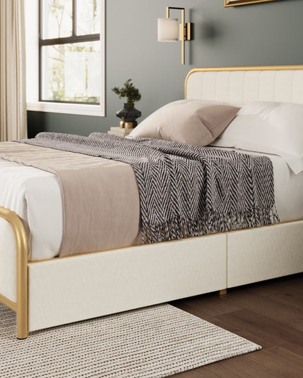 Metal Frame Storage Platform Bed with Velvet Panelled Headboard