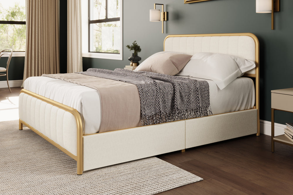 Metal Frame Storage Platform Bed with Velvet Panelled Headboard