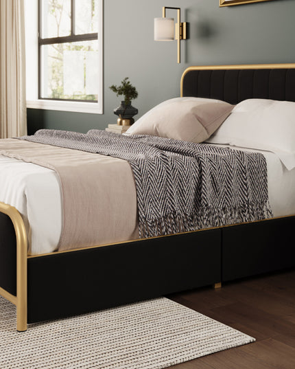 Metal Frame Storage Platform Bed with Velvet Panelled Headboard