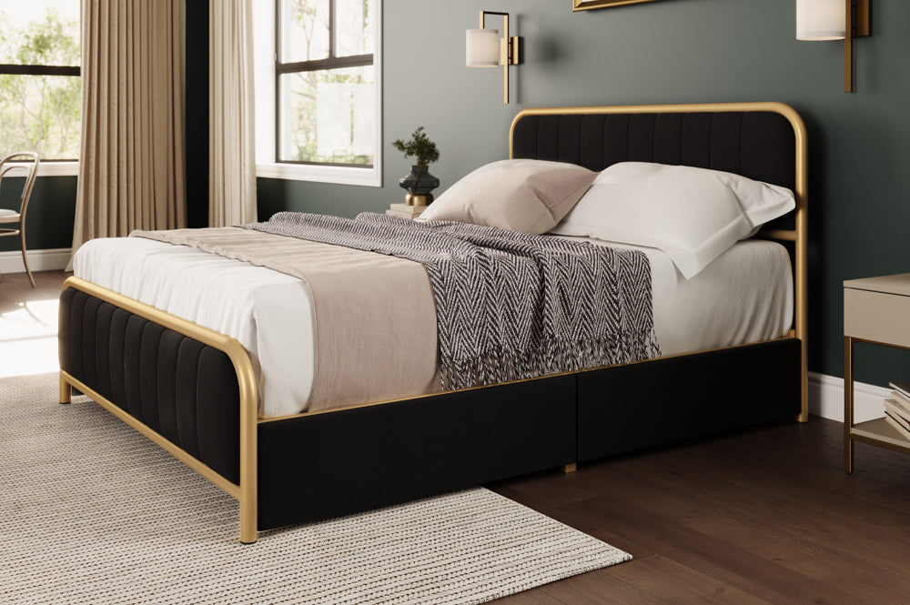 Metal Frame Storage Platform Bed with Velvet Panelled Headboard