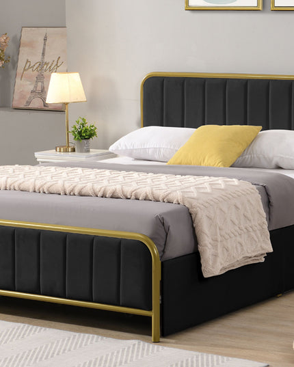 Metal Frame Storage Platform Bed with Velvet Panelled Headboard
