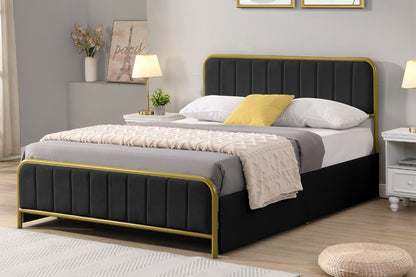 Metal Frame Storage Platform Bed with Velvet Panelled Headboard