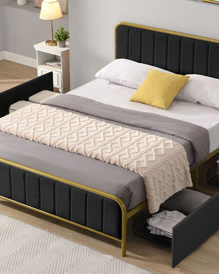 Metal Frame Storage Platform Bed with Velvet Panelled Headboard