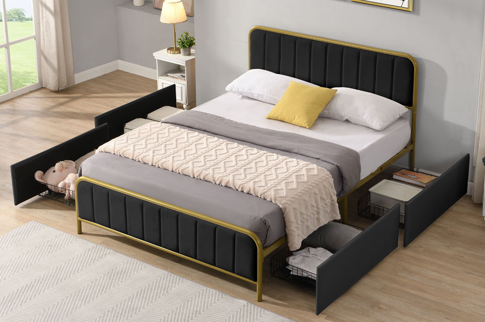 Metal Frame Storage Platform Bed with Velvet Panelled Headboard