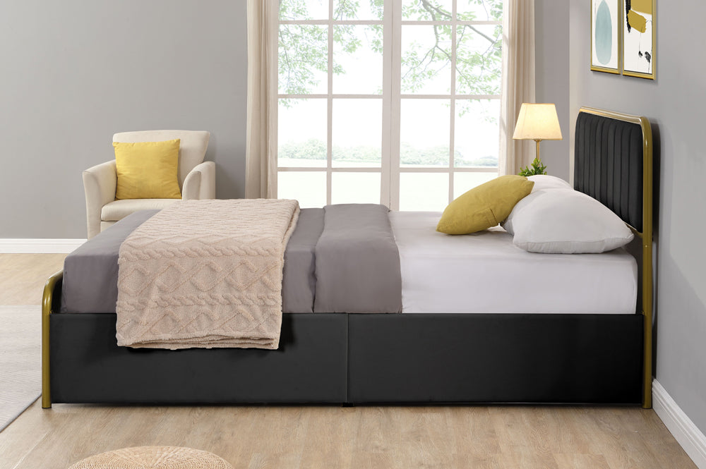 Metal Frame Storage Platform Bed with Velvet Panelled Headboard