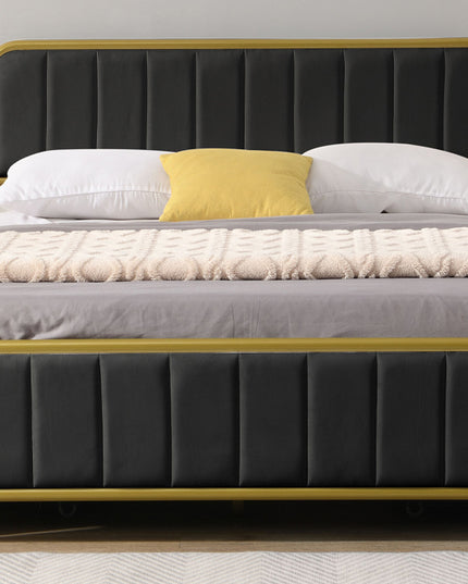 Metal Frame Storage Platform Bed with Velvet Panelled Headboard