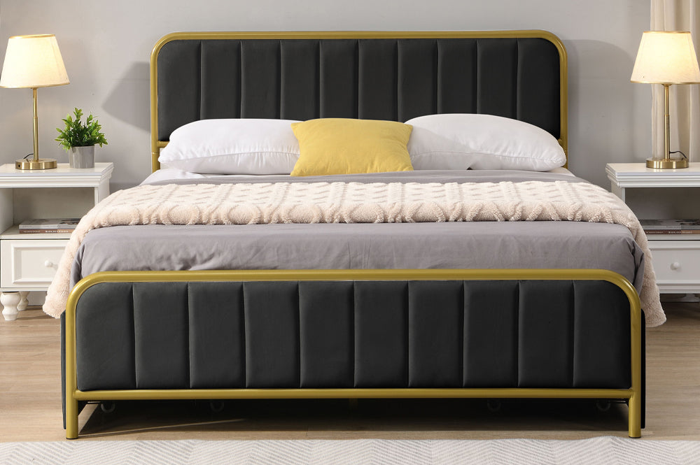 Metal Frame Storage Platform Bed with Velvet Panelled Headboard