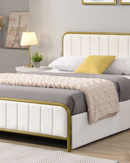 Metal Frame Storage Platform Bed with Velvet Panelled Headboard