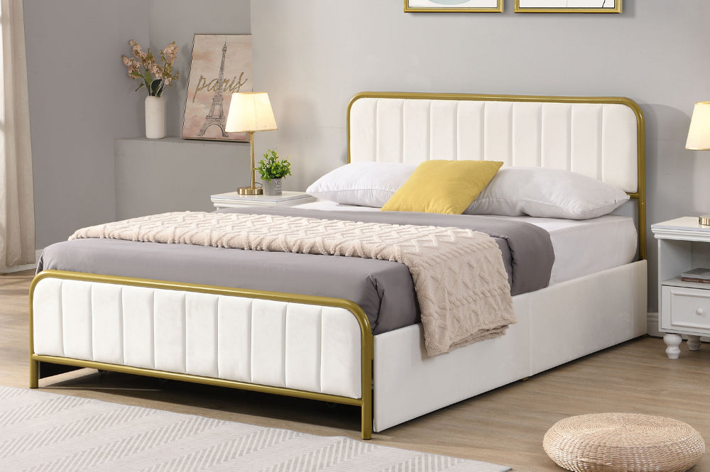 Metal Frame Storage Platform Bed with Velvet Panelled Headboard