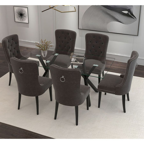 Geometric Glass Table Dining Set with Grey Velvet Chairs