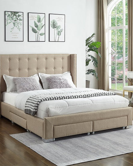 Fabric Tufted Storage Wing Bed