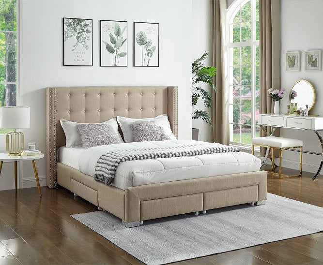 Fabric Tufted Storage Wing Bed