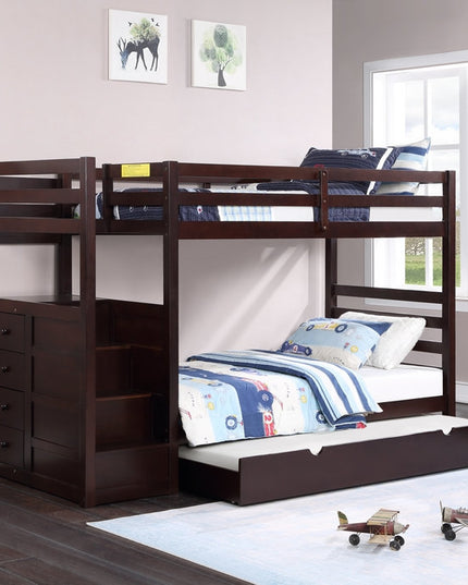 Horizontal Slats Wood Bunk Bed with Left-hand Staircase