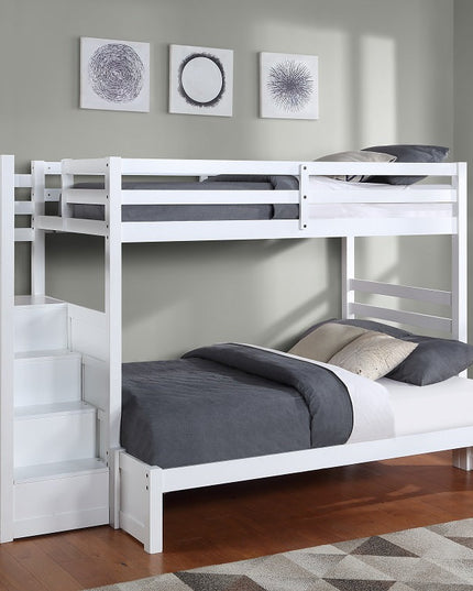 Horizontal Slats Wood Bunk Bed with Left-hand Staircase
