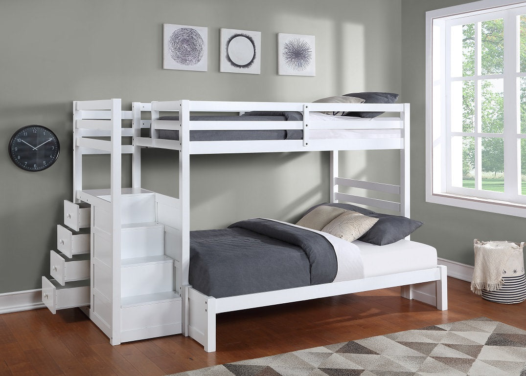 Horizontal Slats Wood Bunk Bed with Left-hand Staircase