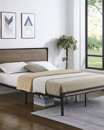 Wood Panel Bed with Headboard and Steel Frame