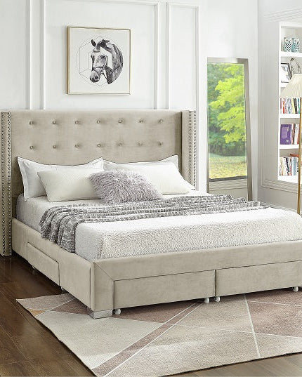 Velvet Tufted Storage Wing Bed