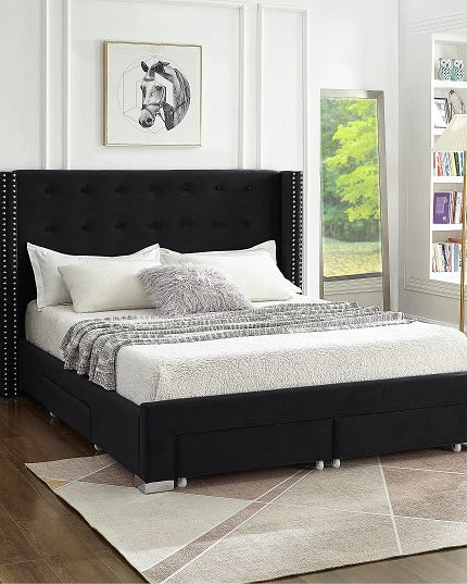 Velvet Tufted Storage Wing Bed