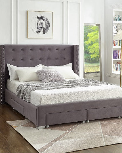 Velvet Tufted Storage Wing Bed