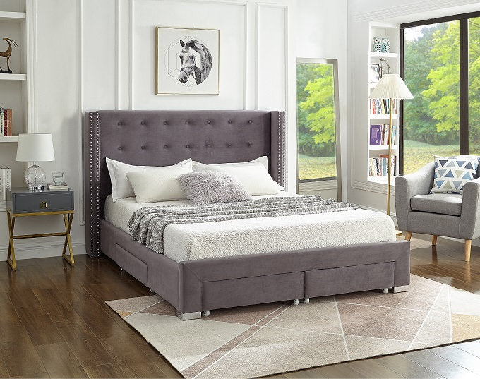 Velvet Tufted Storage Wing Bed