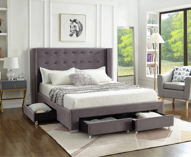 Velvet Tufted Storage Wing Bed