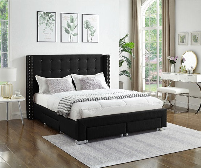 Fabric Tufted Storage Wing Bed