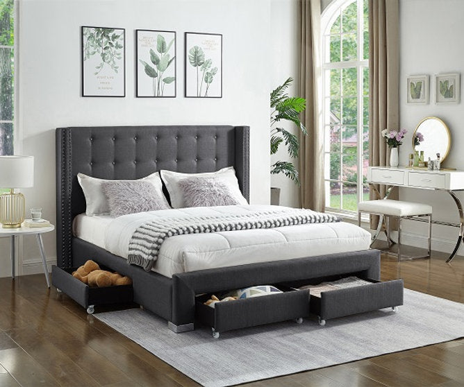 Fabric Tufted Storage Wing Bed