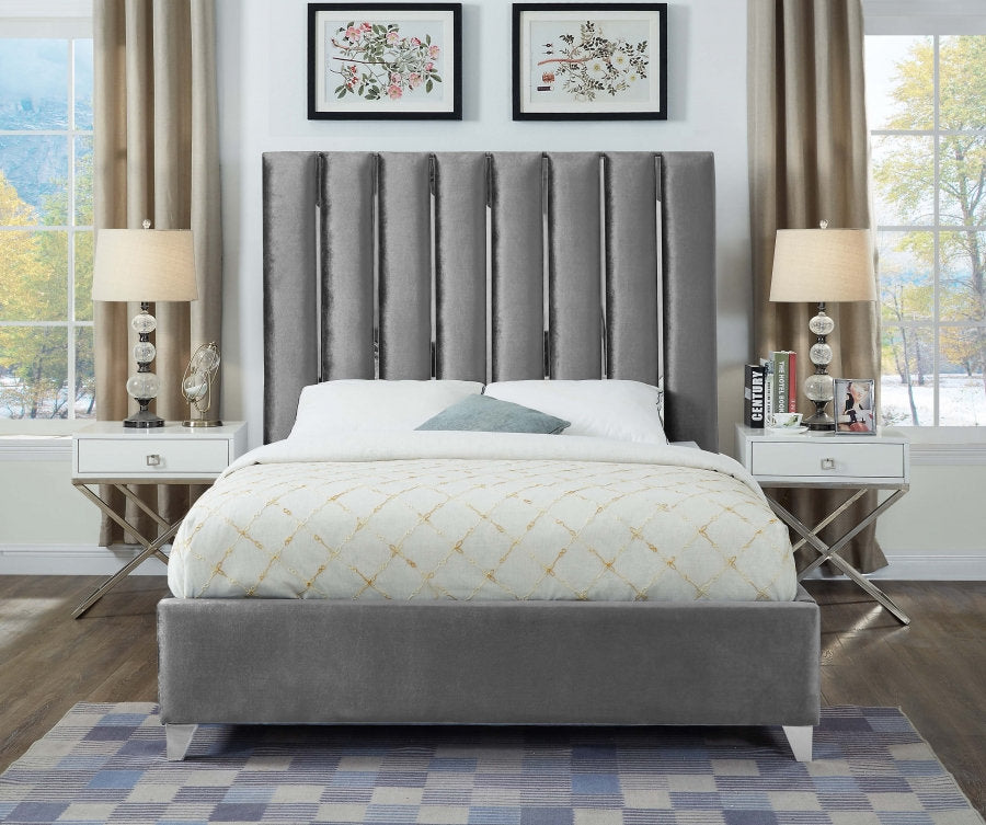 Velvet and Chrome Vertical Tufted Bed