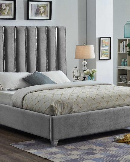 Velvet and Chrome Vertical Tufted Bed