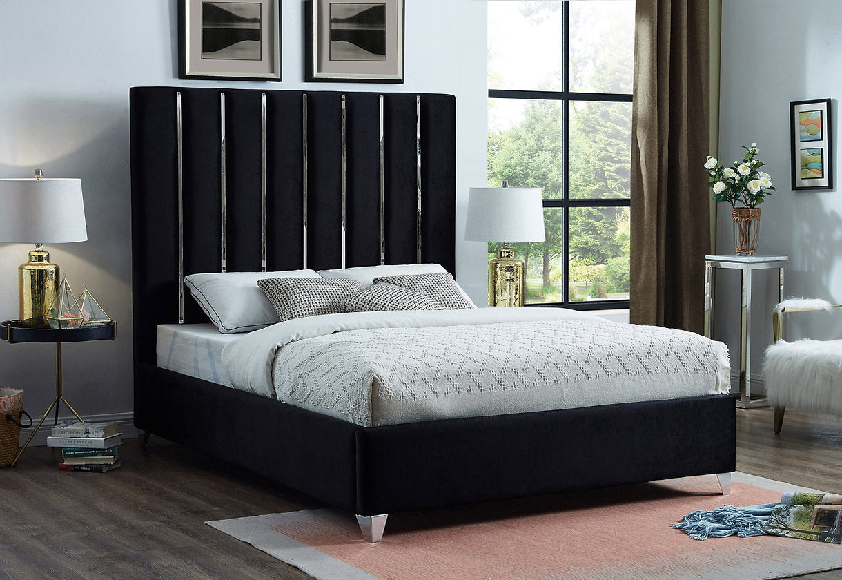 Velvet and Chrome Vertical Tufted Bed