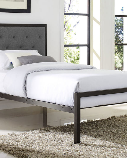 Black Metal Bed with Tufted Fabric Headboard