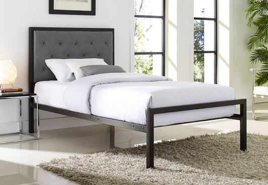 Black Metal Bed with Tufted Fabric Headboard